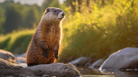 Close-up photo of a Woodchuck (Groundhog) looking in their habitatの素材