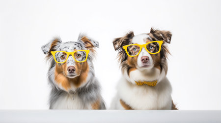 Photo of a Australian Shepherd dog using eyeglasses isolated on white backgroundの素材