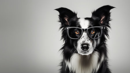 Photo of a Border Collie dog using eyeglasses isolated on white backgroundの素材