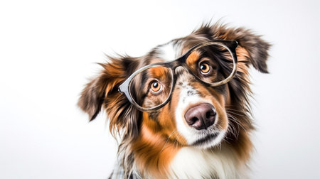 Photo of a Australian Shepherd dog using eyeglasses isolated on white backgroundの素材