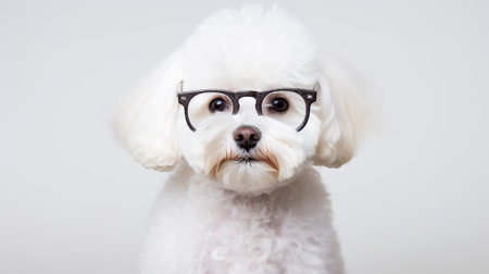 Photo of a Bichon Frise dog using eyeglasses isolated on white backgroundの素材