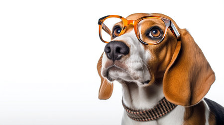 Photo of a Beagle dog using eyeglasses isolated on white backgroundの素材