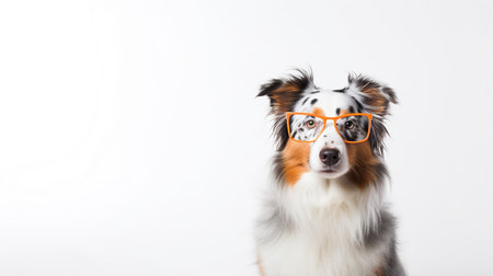 Photo of a Australian Shepherd dog using eyeglasses isolated on white backgroundの素材