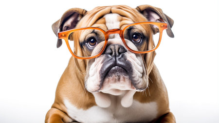 Photo of a Bulldog dog using eyeglasses isolated on white backgroundの素材