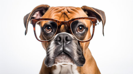 Photo of a Boxer dog using eyeglasses isolated on white backgroundの素材