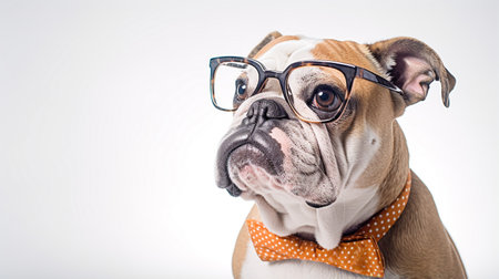 Photo of a Bulldog dog using eyeglasses isolated on white backgroundの素材