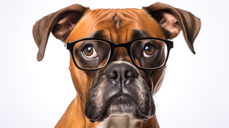 Photo of a Boxer dog using eyeglasses isolated on white backgroundの素材