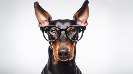 Photo of a Doberman Pinscher dog using eyeglasses isolated on white backgroundの素材