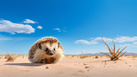 Photo of a Desert Hedgehog in a Desert with blue skyの素材