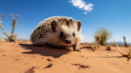 Photo of a Desert Hedgehog in a Desert with blue skyの素材