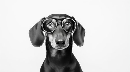 Photo of a Dachshund dog using eyeglasses isolated on white backgroundの素材