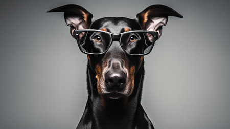 Photo of a Doberman Pinscher dog using eyeglasses isolated on white backgroundの素材