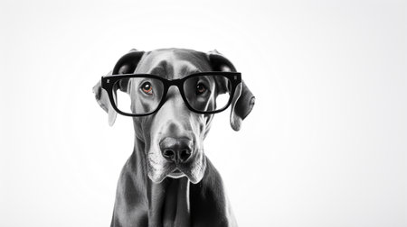 Photo of a Great Dane dog using eyeglasses isolated on white backgroundの素材