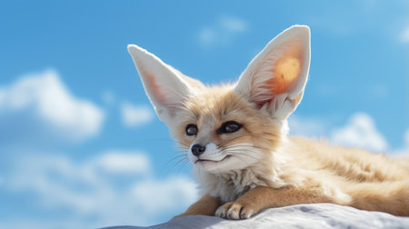 Photo of a Fennec Fox in a Desert with blue skyの素材