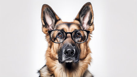 Photo of a German Shepherd dog using eyeglasses isolated on white backgroundの素材