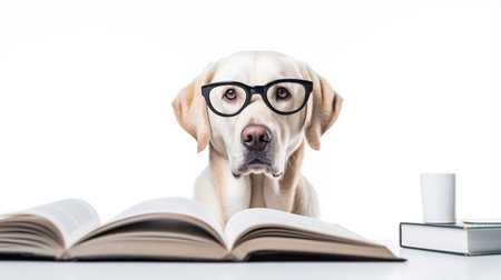 Photo of a Labrador Retriever dog using eyeglasses isolated on white backgroundの素材