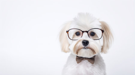 Photo of a Maltese dog using eyeglasses isolated on white backgroundの素材