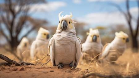 Photo of a herd of Cockatoo resting in an open area on the Savannaの素材