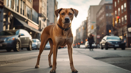 Photo of a dog standing on the street in downtownの素材