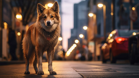 Photo of a dog standing on the street in downtownの素材