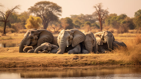 Photo of a herd of Elephant resting in an open area on the Savannaの素材