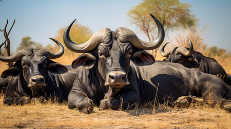 Photo of a herd of African Buffalo (Cape Buffalo) resting in an open area on the Savannaの素材