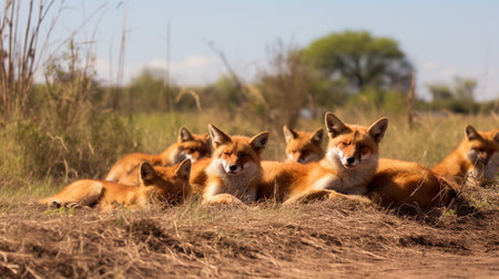 Photo of a herd of Fox resting in an open area on the Savannaの素材