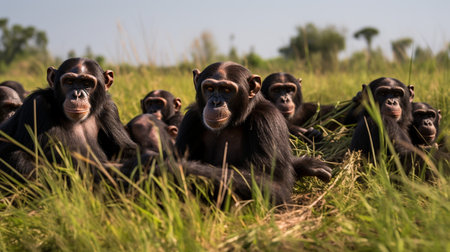 Photo of a herd of Chimpanzee resting in an open area on the Savannaの素材
