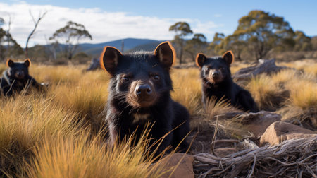 Photo of a herd of Tasmanian Devil resting in an open area on the Savannaの素材