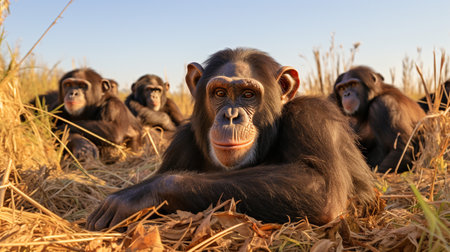 Photo of a herd of Chimpanzee resting in an open area on the Savannaの素材