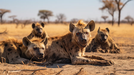Photo of a herd of Hyena resting in an open area on the Savannaの素材