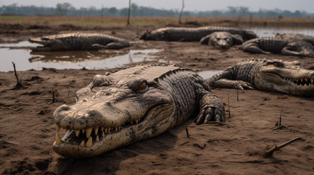 Photo of a herd of Nile Crocodile resting in an open area on the Savannaの素材