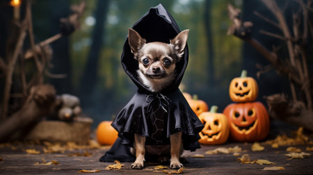 Photo of a cute dog wearing witch costume for halloweenの素材