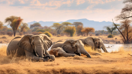Photo of a herd of Elephant resting in an open area on the Savannaの素材