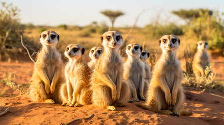 Photo of a herd of Meerkat resting in an open area on the Savannaの素材
