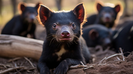 Photo of a herd of Tasmanian Devil resting in an open area on the Savannaの素材