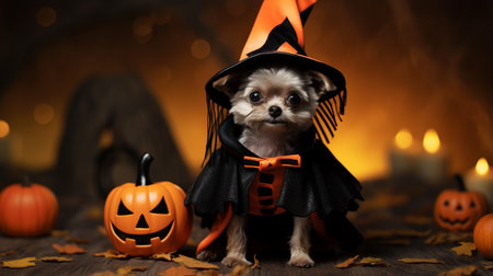 Photo of a cute dog wearing witch costume for halloweenの素材