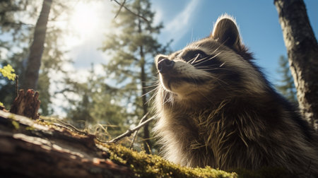Photo of Raccoon in ther forest with blue skyの素材