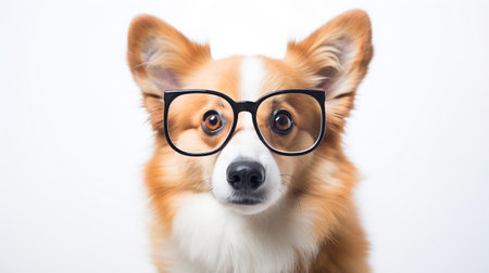Photo of a Pembroke Welsh Corgi dog using eyeglasses isolated on white backgroundの素材