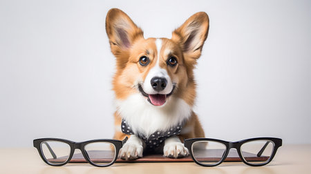 Photo of a Pembroke Welsh Corgi dog using eyeglasses isolated on white backgroundの素材