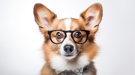 Photo of a Pembroke Welsh Corgi dog using eyeglasses isolated on white backgroundの素材