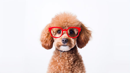 Photo of a Poodle dog using eyeglasses isolated on white backgroundの素材
