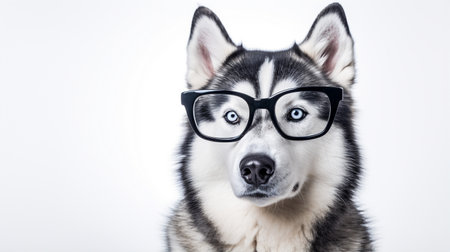 Photo of a Siberian Husky dog using eyeglasses isolated on white backgroundの素材