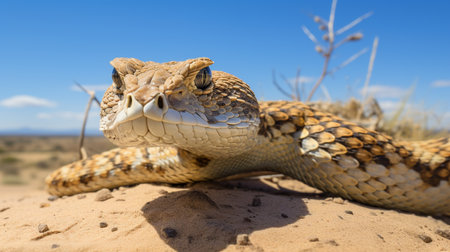 Photo of a Sidewinder Rattlesnake in a Desert with blue skyの素材