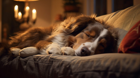 Photo of a sleepy dog cozily snuggles on a comfy couch in a cozy living roomの素材
