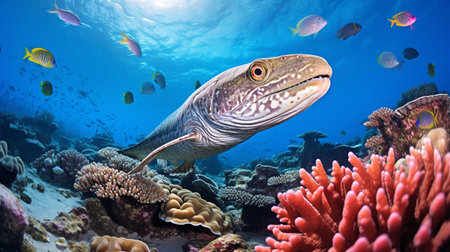 Photo of Eel with various fish between healthy coral reefs in the blue oceanの素材