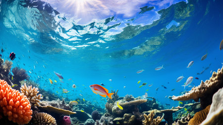 Photo of Guppy with various fish between healthy coral reefs in the blue oceanの素材