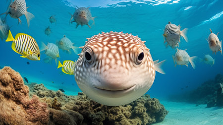 Photo of Pufferfish with various fish between healthy coral reefs in the blue oceanの素材