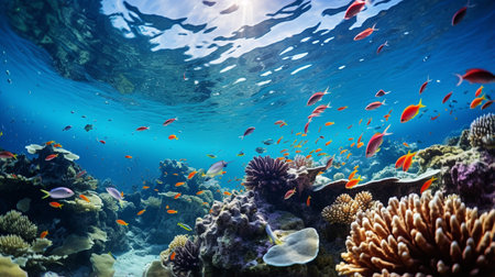 Photo of Guppy with various fish between healthy coral reefs in the blue oceanの素材
