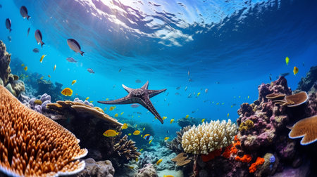 Photo of Starfish with various fish between healthy coral reefs in the blue oceanの素材